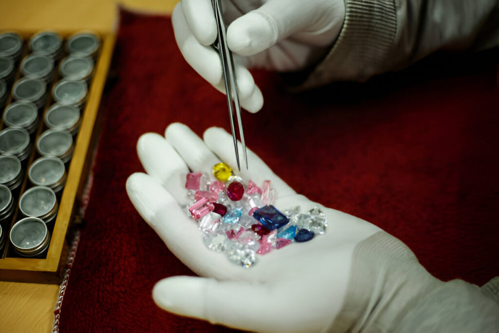 Colorful gemstones in human hand