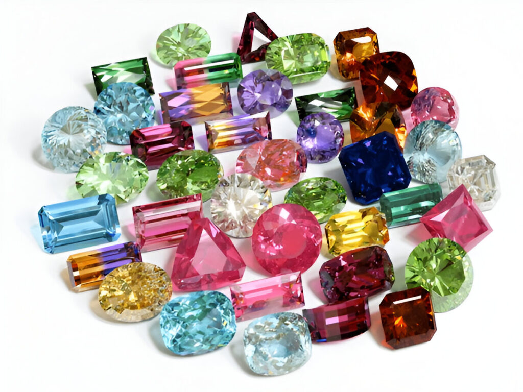 Various colorful gemstones on white background