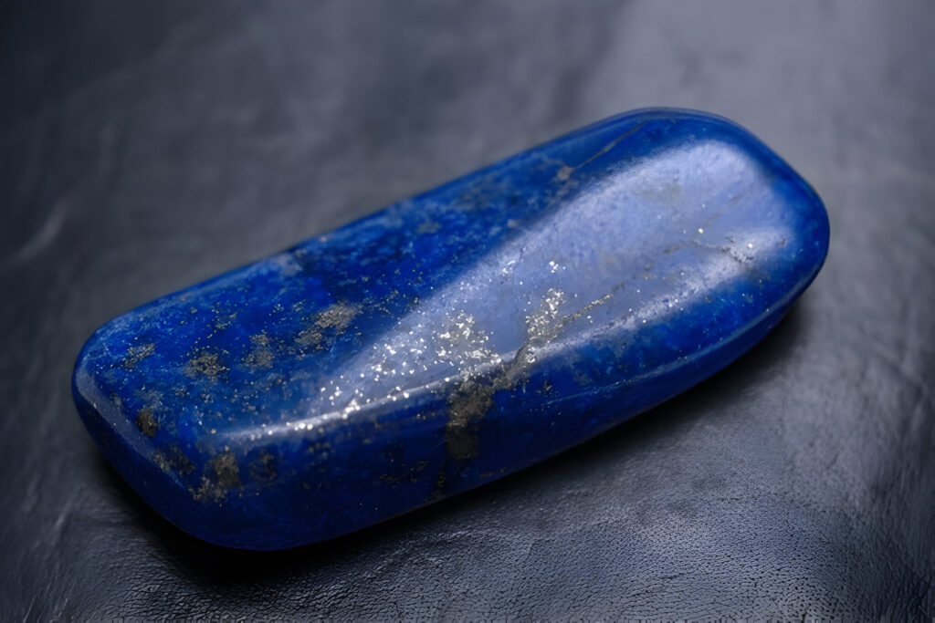 A blue single gemstone, cut lapis lazuli lies on a black background