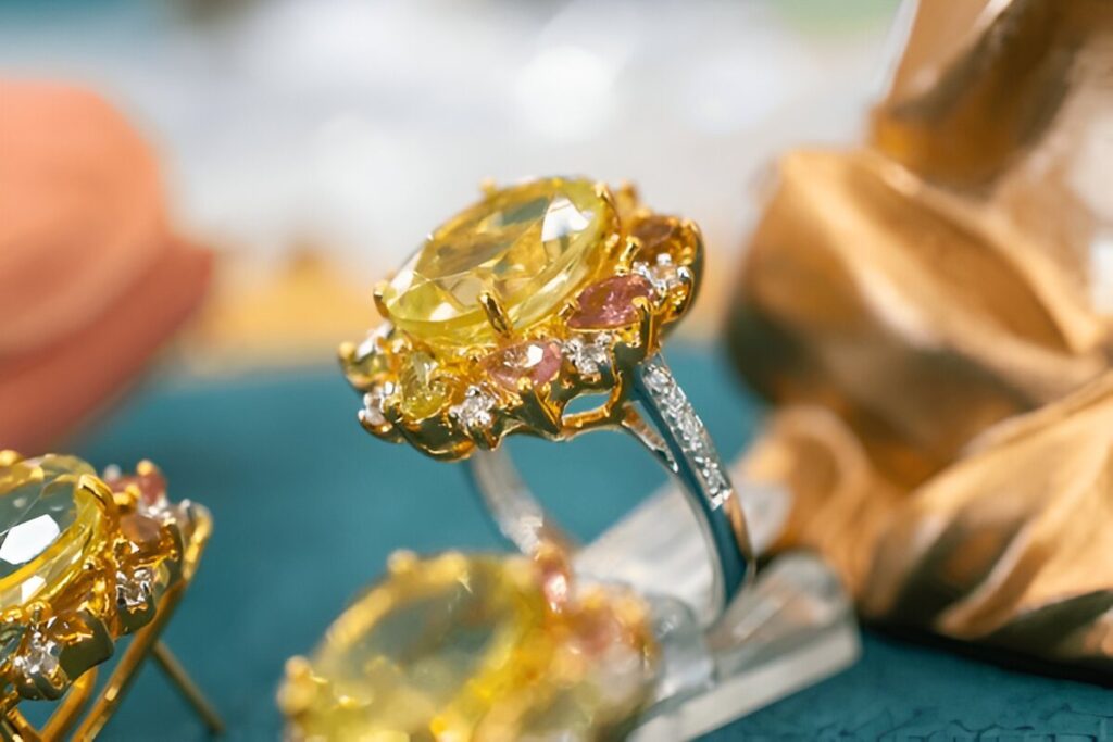 Close up of yellow topaz ring