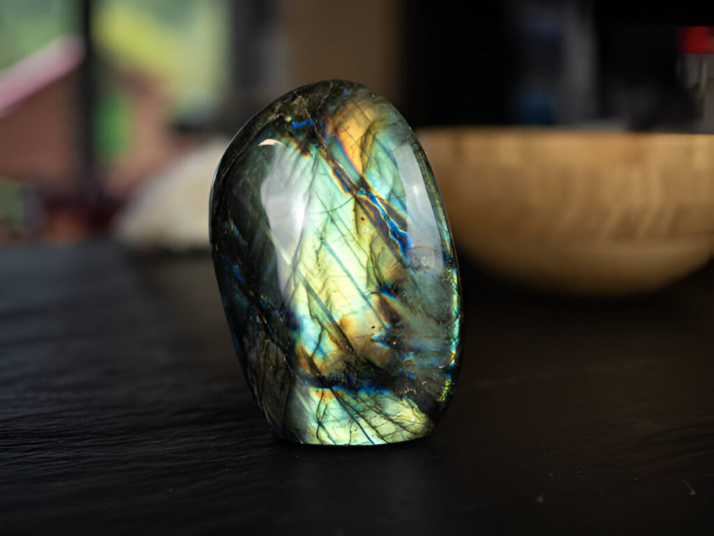 Labradorite mineral stone on slate worktop
