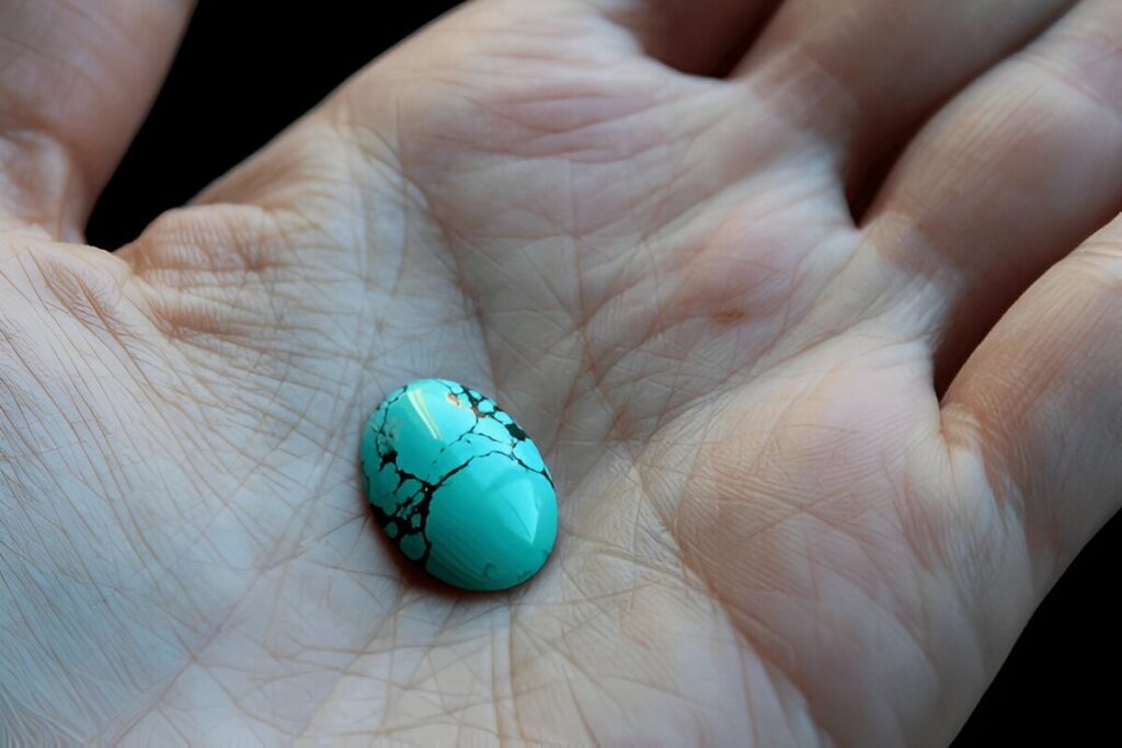 Natural stone for jewelry design, beautiful blue and green polished turquoise cabochon ready to be set into a silver jewellery piece