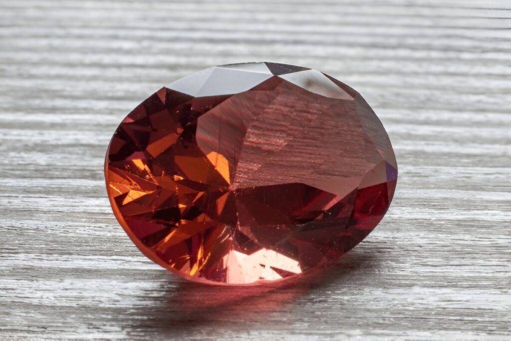 Colour changing diaspore, Turkish Zultanite oval faceted on wooden table