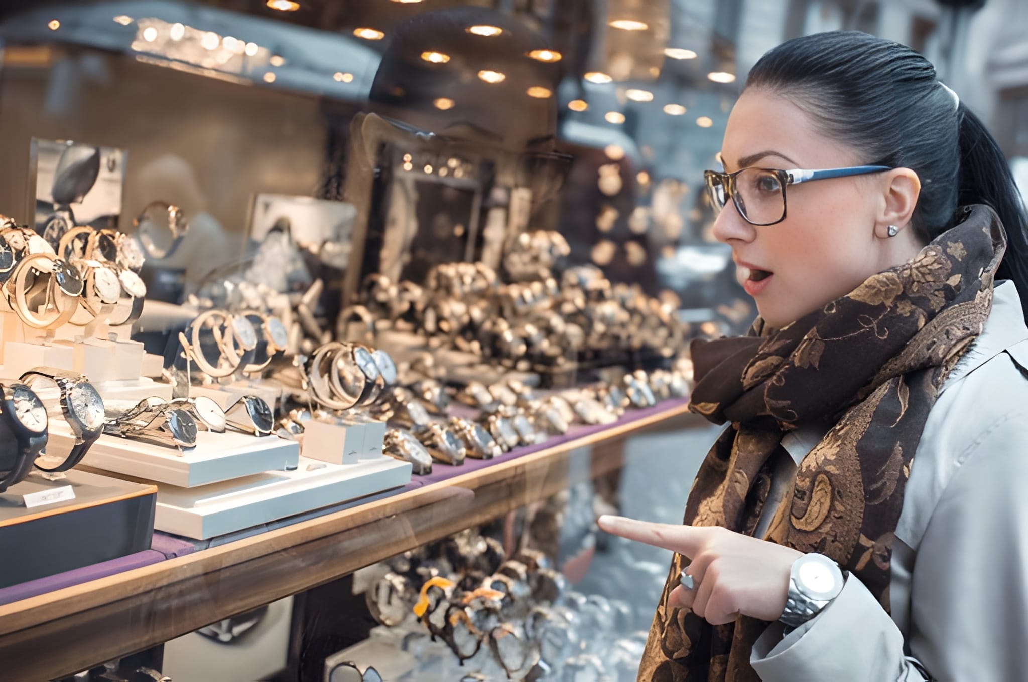 Excited young woman looking to showcase or shop window. Shopping girl chooses jewelry in store