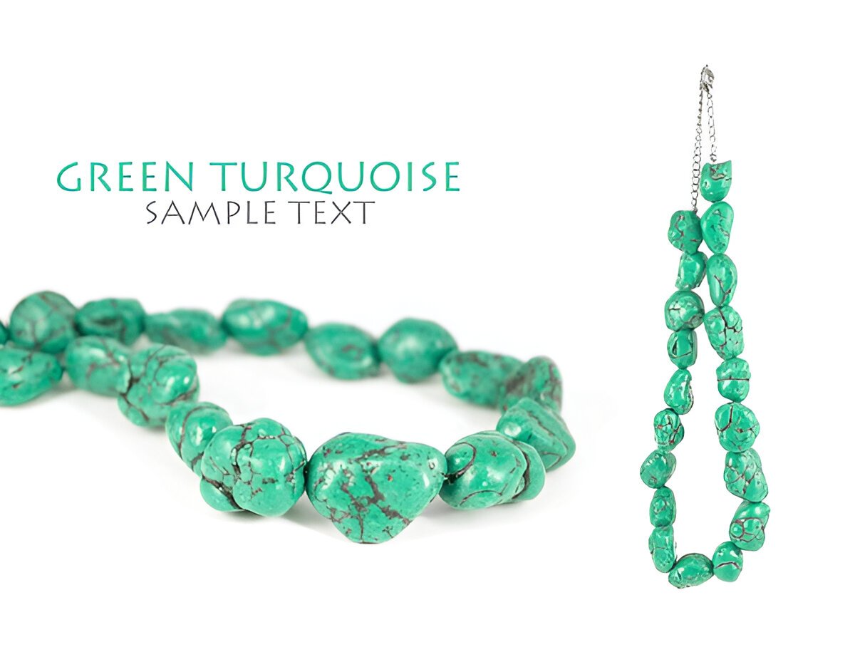 Lovely green turquoise necklace isolated on pure white background. Copy-space.